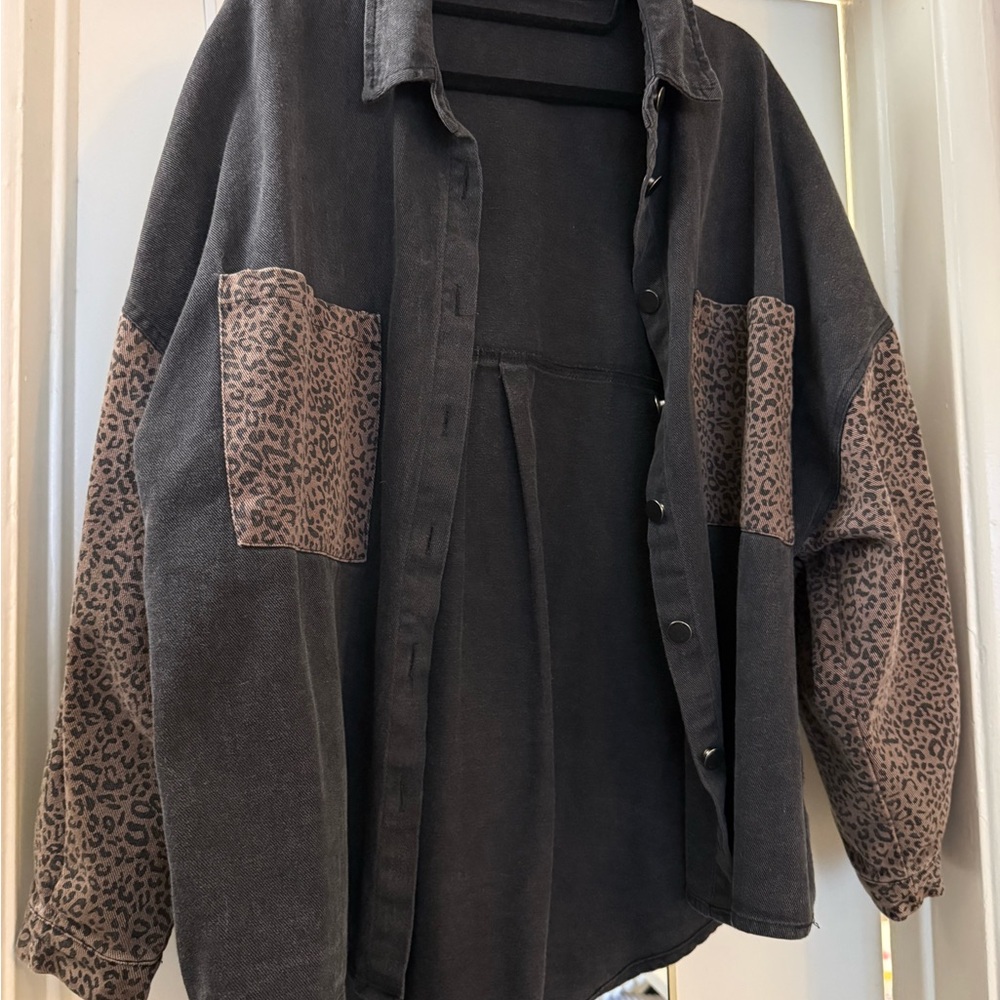 12th Tribe-Black Shacket with Leopard Print Patches